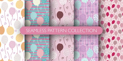 Set of seamless pattern with balloons and hearts ornament. Cute holidays print collection.