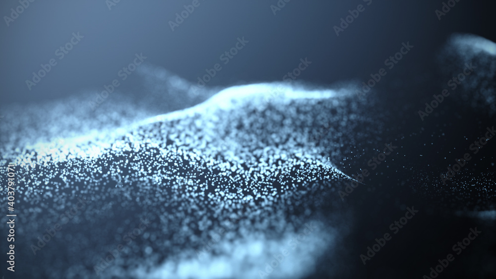 Poster wave of dust particles. futuristic point wave abstract wave dots in dark background . 3d rendering
