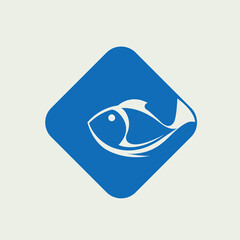Fish logo.Blue color icon isolated on light background.Symbol for fishing business and water sports.Aquatic animal shape.Marine food and aquarium brand.Geometric sticker.