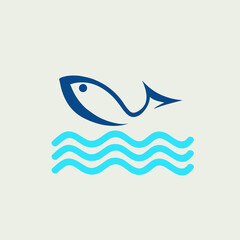 Fish and waves logo.Blue color icon isolated on light background.Symbol for fishing business and water sports.Aquatic animal shape.Marine food and aquarium brand.