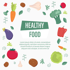 Healthy Food round frame template with text space. Multicolor Vegetables circle border. Vector illustration isolated on white background.