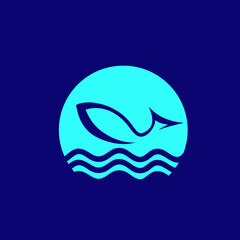 Fish logo.Bright neon blue color icon isolated on dark background.Symbol for fishing business and water sports.Aquatic animal shape in the moonlight.