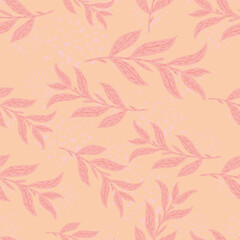 Decorative seamless doodle pattern with random foliage silhouettes. Leaves branches pink artwork.