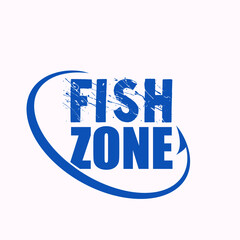 Fish zone word mark logo.Cusomized typography with hook shape.Blue color icon.Lettering sign isolated on light background.Type symbol for fishing business and water sports.
