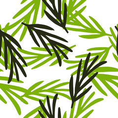Seamless isolated pattern with simple green and black random rosemary shapes. Light background.