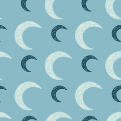 Seamless pattern with kids print. Doodle simple moon silhouettes in blue tones palette.