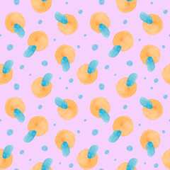 Watercolor abstract seamless pattern with blue and orange color on pink background.Children's print with shapes of pastel colors hand painted.Designs for wallpaper,textiles,web,wrapping paper.