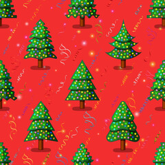 Christmas Seamless Background for Holiday Design, Green Fir Trees with Decoration, Red Tile Holiday Pattern with Stars and Serpentine. Vector