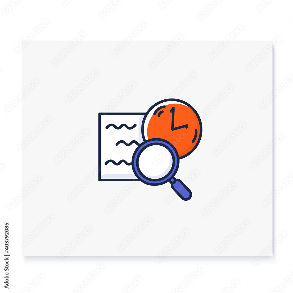 Poster comprehension color icon. slow reading with magnifier and clock linear pictogram. concept of attenti