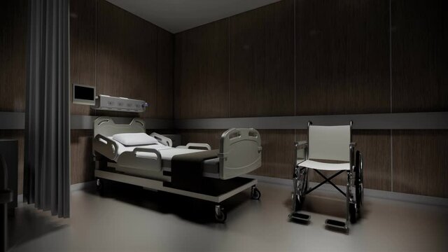3D Rendering interior .Isolated empty bed in hospital, closeup on abandoned bed in medical room.Dark Recovery Room with Healthcare Equipment and Medical.