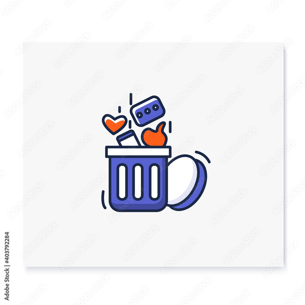 Poster digital detox color icon. social media linear pictograms in trash container. concept of slow reading