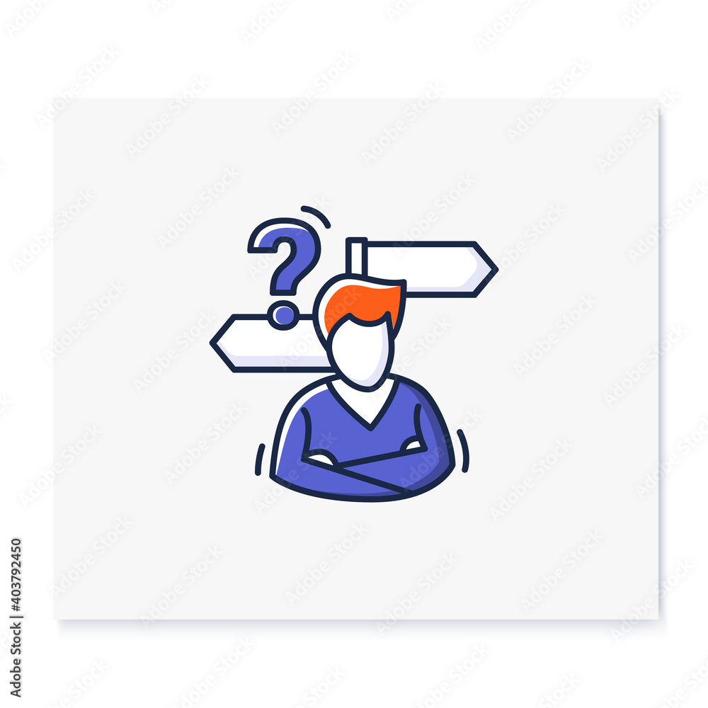 Poster decision making color icon. person avatar with two road signs and question linear pictogram. concept
