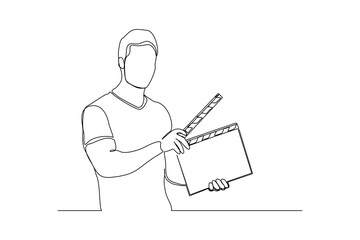 Continuous line drawing of man hold retro old classic movie board clapper. Vintage film scene taker item concept single one line art design graphic vector illustration