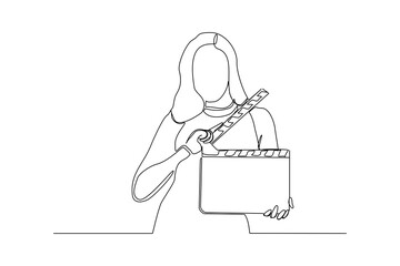 Continuous line drawing of woman hold retro old classic movie board clapper. Vintage film scene taker item concept single one line art design graphic vector illustration