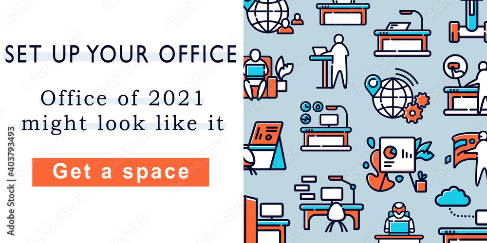 Aufkleber futuristic office innovations web banner. set up your office. office of 2021 might look like it. wor