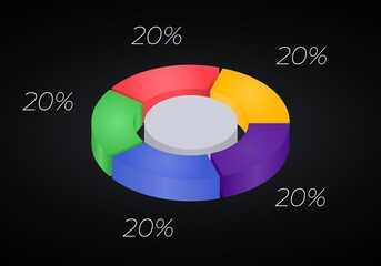 3d donut  chart infographic. Concept with five options. 20 percent.