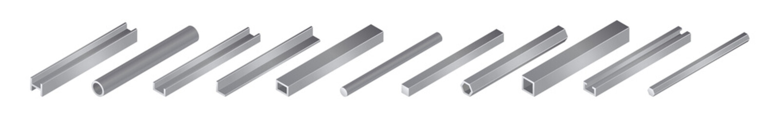Isometric vector illustrationd different metal profile and tubes isolated on white background. Set of steel beam tubes and pipes vector icons in flat cartoon style. Steel construction materials.