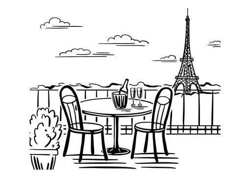 A romantic evening in a cafe on the terrace overlooking Paris. Hand drawn sketch. Vintage style. Black and white vector illustration isolated on white background.