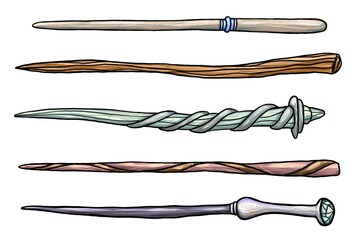 Set of five different magic wooden wands. Magical wizard items. Halloween outfit. Hand drawn illustration isolated on a white background.