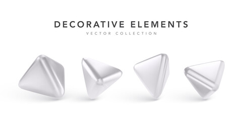 Silver geometric 3d objects with shadow isolated on white background. Realistic metalic figure. Vector illustration