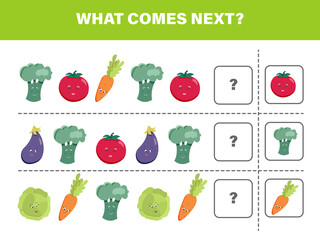 What comes next with cute kawaii vegetables-broccoli, carrot, tomato, eggplant and cabbage. Cartoon vector illustration. Logical worksheet for kids.