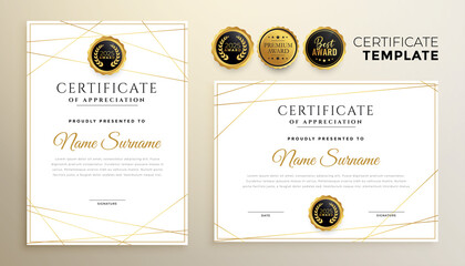 stylish white certificate template with golden lines design - obrazy, fototapety, plakaty