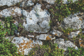Old stone rock wall surface texture with grass. Close up detail. Pattern abstract background.