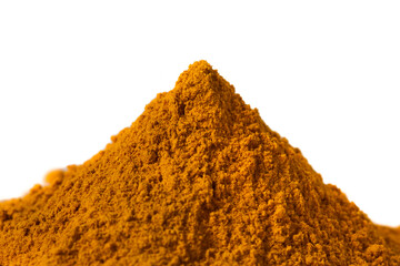 Heap of turmeric powder spice isolated on a white background.