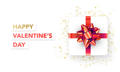 Happy Valentines Day banner with gift and serpantine. Vector illustration