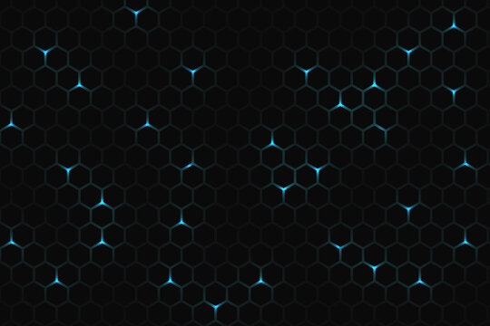 Dark technology hexagonal background. Abstract blue bright energy flashes under hexagon in dark technology modern futuristic background. Honeycomb texture grid.