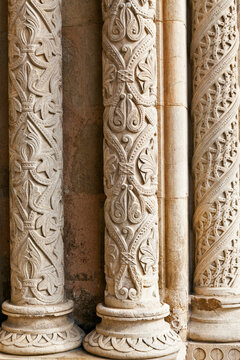 Detail of intricately carved stone pillars 