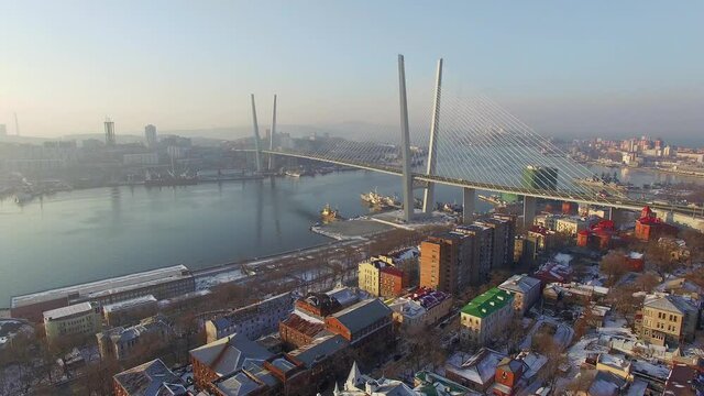 Drone view on the Golden Bridge and Zolotoy Rog bay in Vladivostok