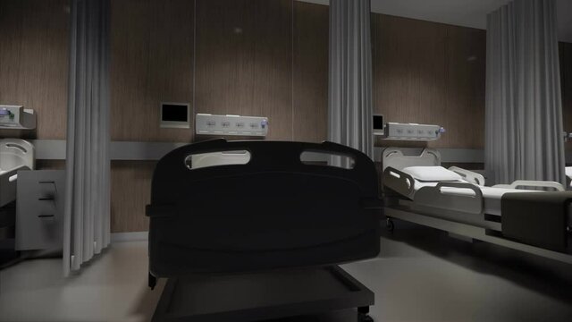 3D Rendering interior .Isolated empty bed in hospital, closeup on abandoned bed in medical room.Dark Recovery Room with Healthcare Equipment and Medical.