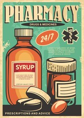 Pharmacy retro poster design with medicines, syrup, pills and medicament. Vintage sign for old apothecary. Healthcare and medical vector illustration.