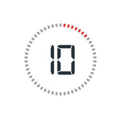 Countdown timer with ten seconds or minutes in modern style. Isolated on a white background