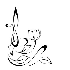 ornament 1466. decorative element with a stylized flower Bud on a stem with leaves and curls in black lines on a white background. corner design