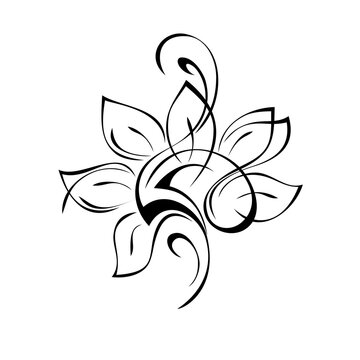 ornament 1464. decorative element with a blooming flower and vignettes in black lines on a white background