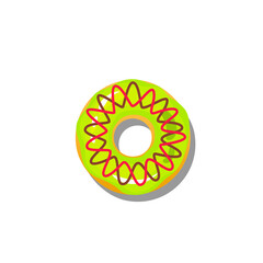 Green glaze doughnuts with chocolate and pink strip isolated on white background. Top View Doughnuts into glaze for menu design, cafe decoration, delivery box.
