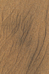 Extreme macro close up of fine beach sand surface pattern in the summer. Sandy trails, texture and background. Top view. Abstract Background. 