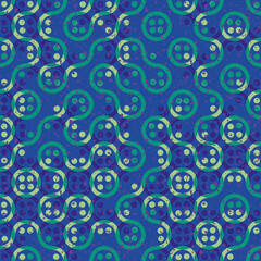 Truchet generative art random circles and wavy lines vector seamless pattern background. Backdrop of navy blue colored wavy, circular shapes and dots with grunge overlay blend. Modern all over print
