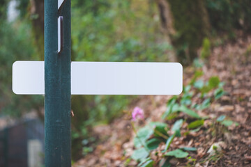 White blank sign board in the green park. Wood sign in the green park for preserving forest, information and direction sign. Sign without any words, which allow user to put own words on it.