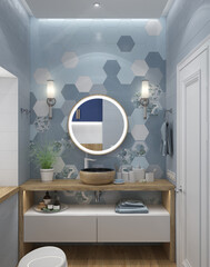Equipped guest restroom design, 3D rendering