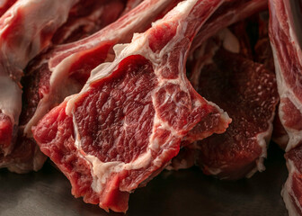 Full frame freshly diced cut of beef meats, put on shelve display of the meat shop. Photographed at...