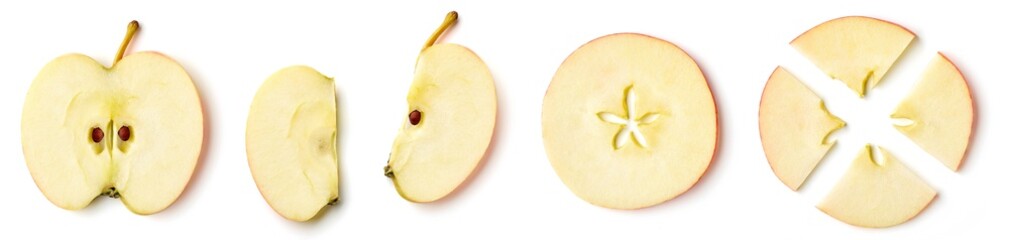 Apple slices isolated on white, from above