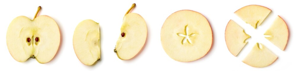 Apple slices isolated on white, from above