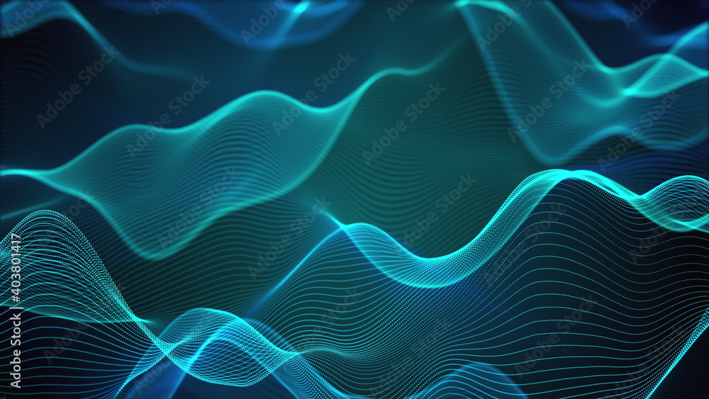 Poster computer generated a big data wave of particles. color striped effect. 3d rendering of a futuristic 