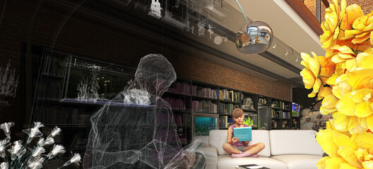 Children read a book, absorbed and interested, while sitting on the sofa of a huge living room, in the quiet of an elegant house, 3d rendering, 3d illustration	