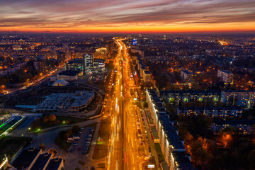 An aerial view on the city road at sunset time, Minsk, Belarus