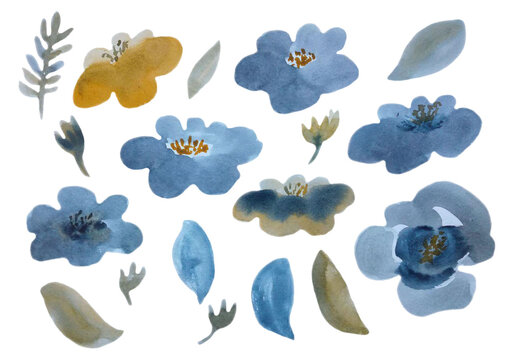 Set of watercolor flowers. Gray and yellow cliparts are isolated on a white background.