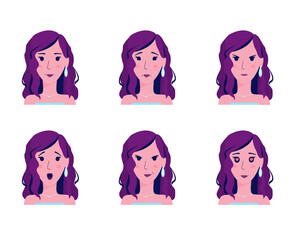 Vector image of different emotions of one person: joy, sadness, anger, surprise, cunning, falling, love.